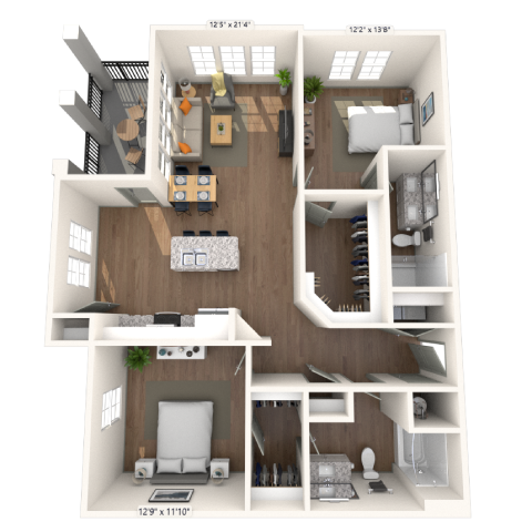 Floor plan for 2 beds, 2 baths, 1263 sqft