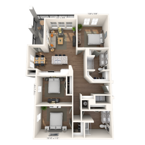 Floor plan for 3 beds, 2 baths, 1443 sqft