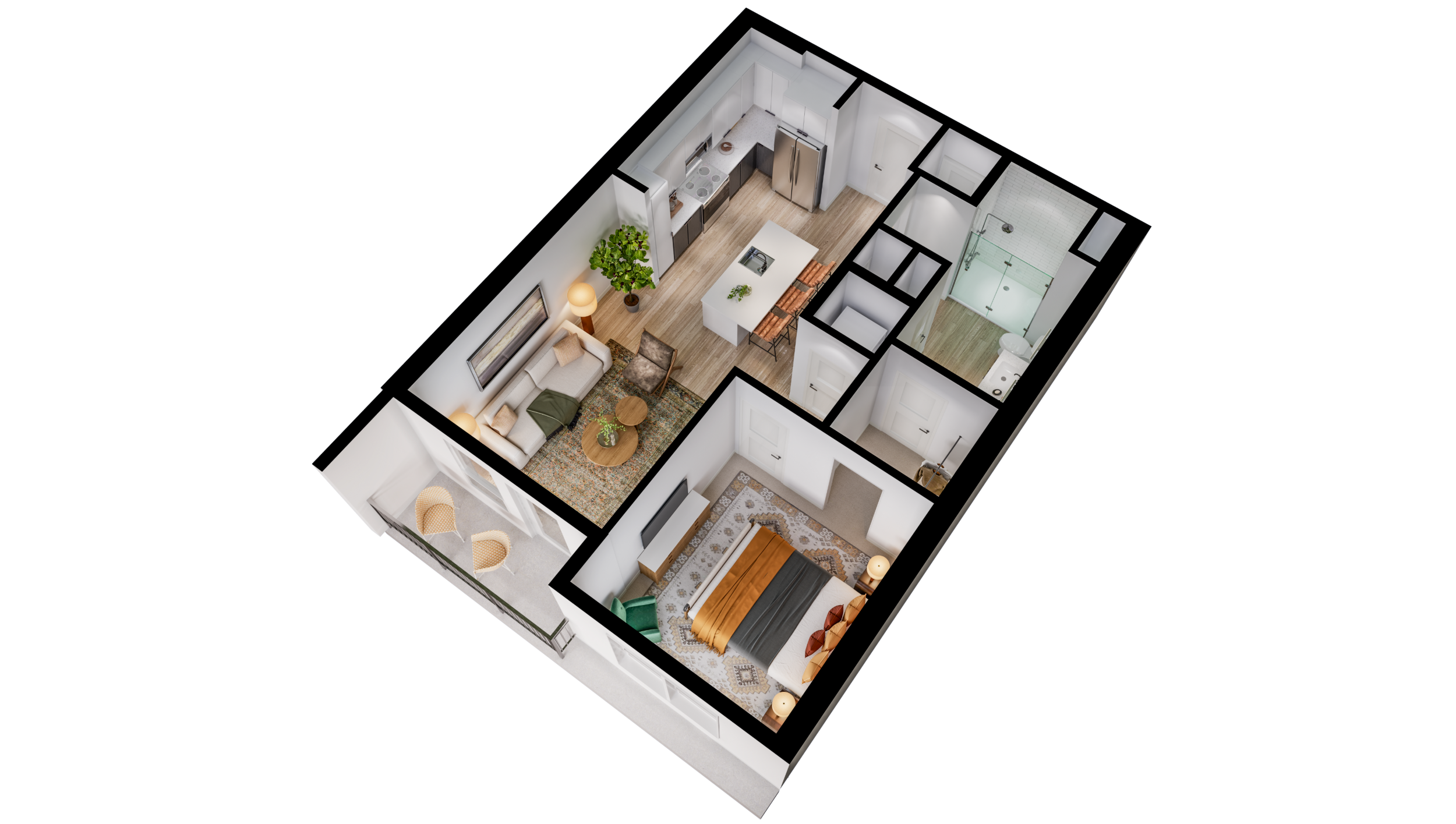 Floor plan for 1 bed, 1 bath, 736 sqft