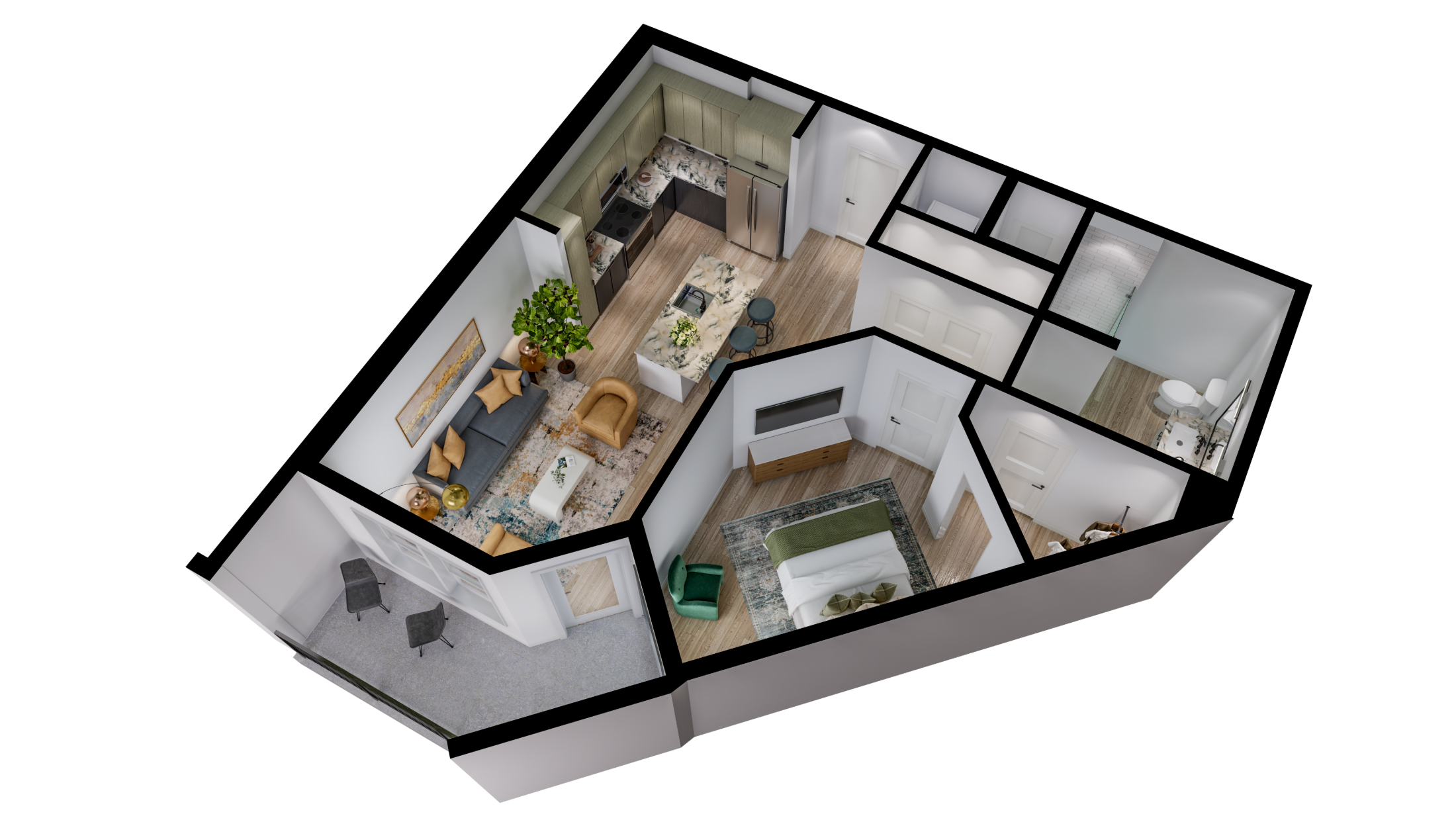 Floor plan for 1 bed, 1 bath, 737 sqft
