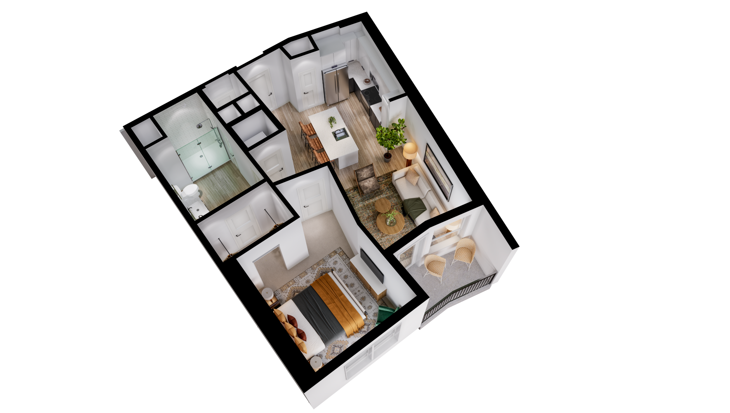 Floor plan for 1 bed, 1 bath, 725 sqft
