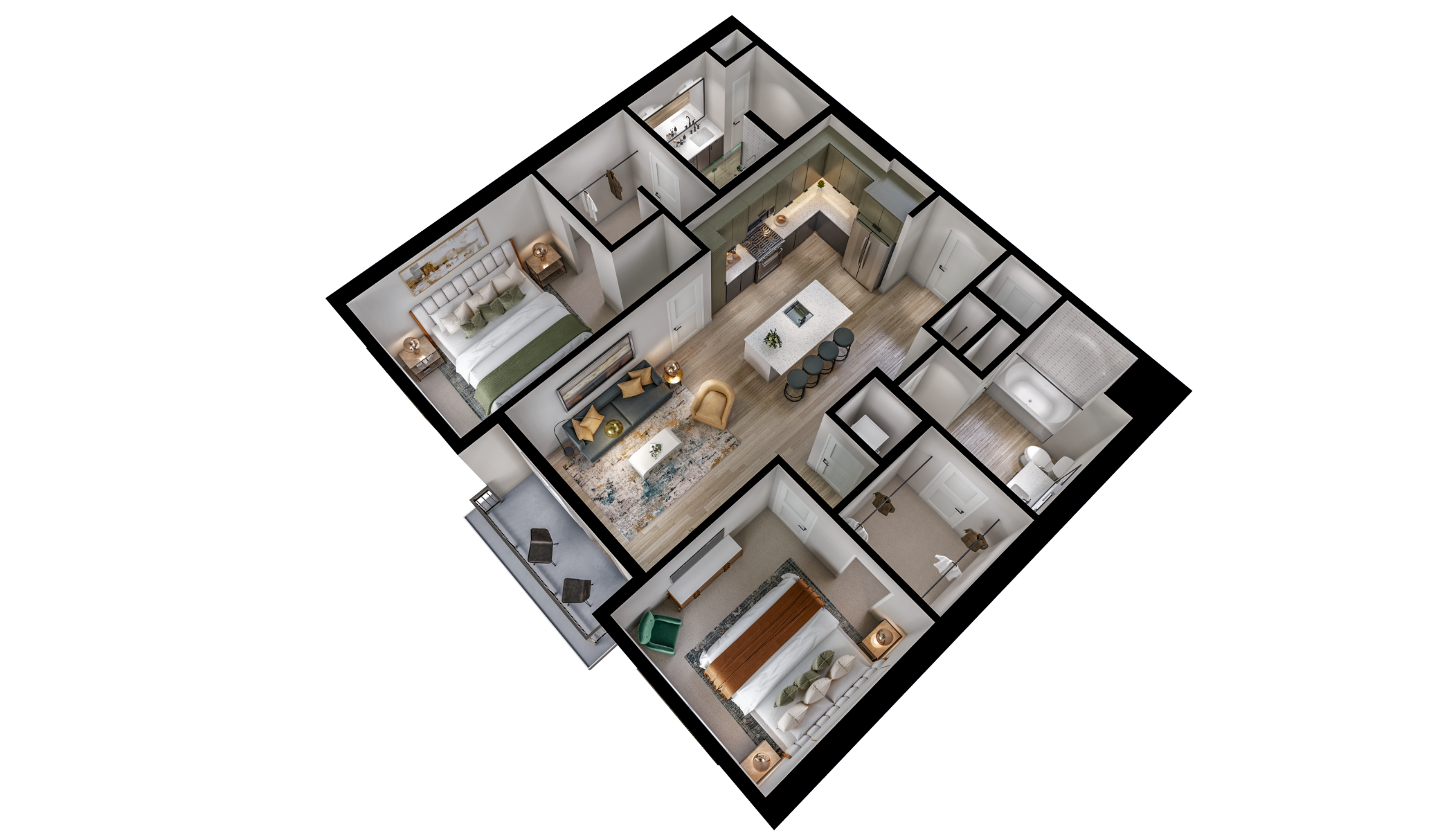 Floor plan for 2 beds, 2 baths, 1121 sqft