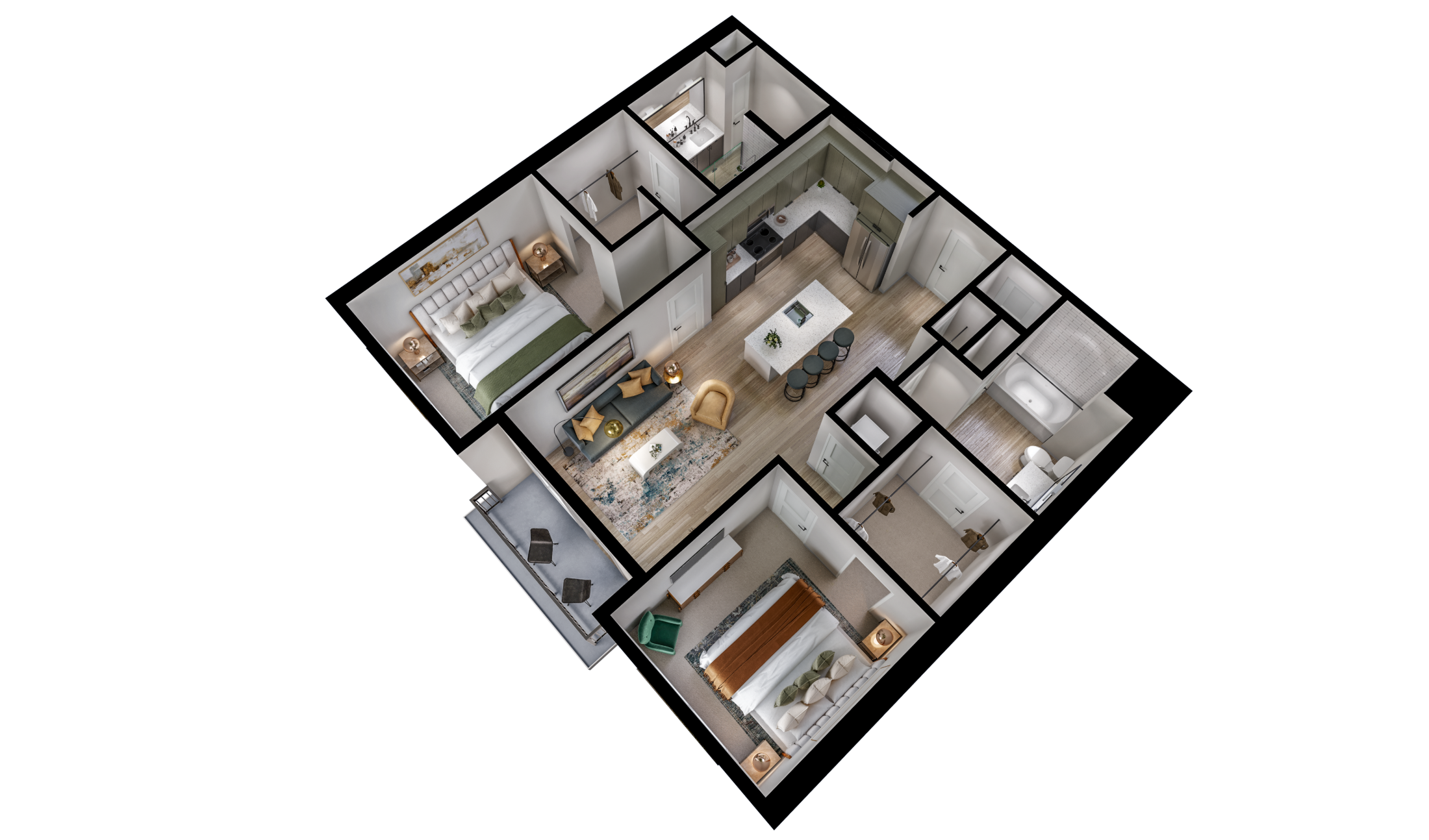 Floor plan for 2 beds, 2 baths, 1121 sqft
