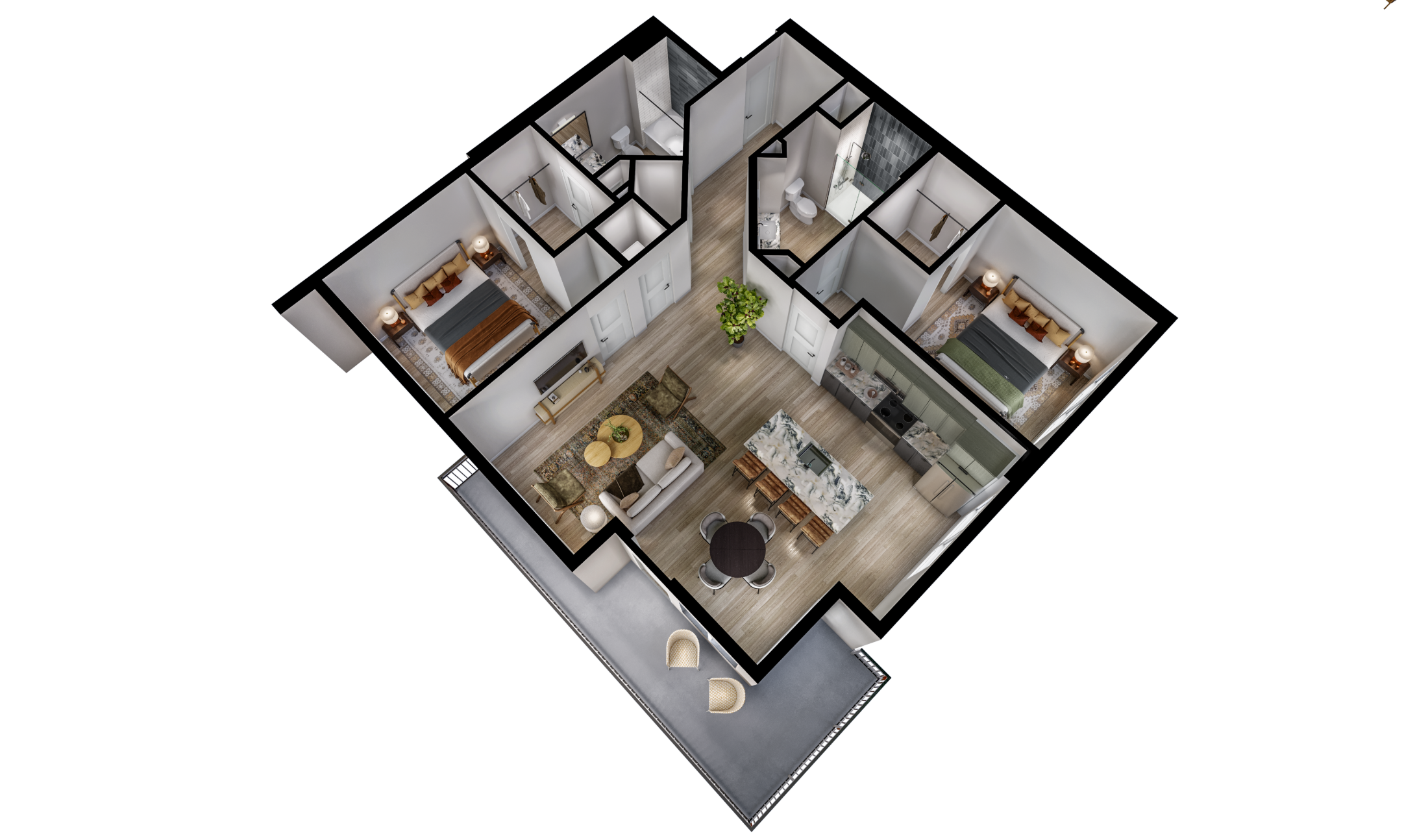 Floor plan for 2 beds, 2 baths, 1234 sqft