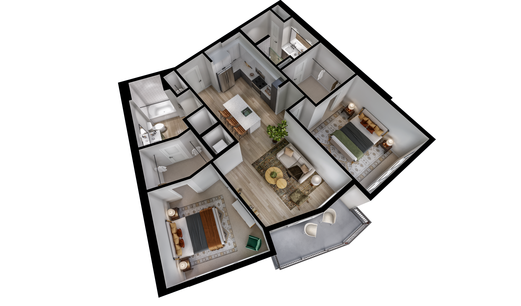Floor plan for 2 beds, 2 baths, 1208 sqft