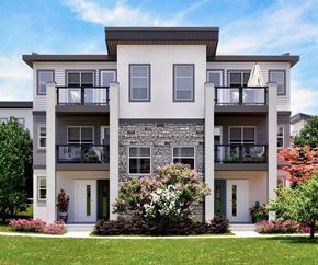 Calgary house for rent - a rendering of a three story apartment building with two balconies and a lawn