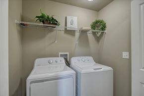 Spokane Valley apartment for rent - A laundry room with two washing machines and shelves with plants and a wreath.