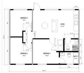 Los Angeles apartment for rent - A floor plan of a house with three bedrooms and two bathrooms.