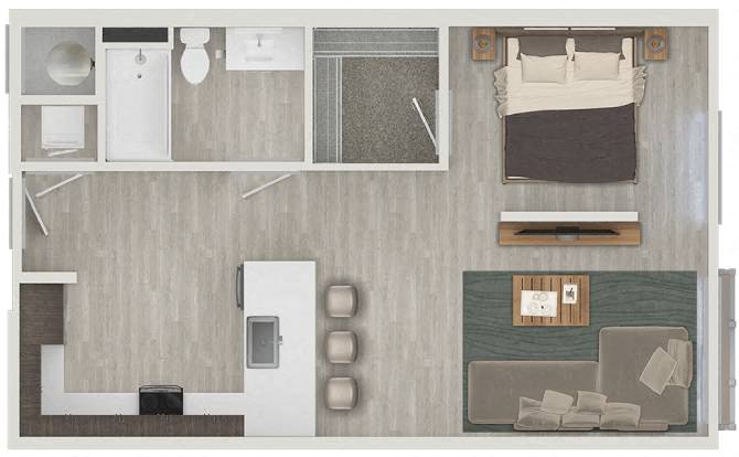Floor plan for 1 bed, 1 bath, 650 sqft