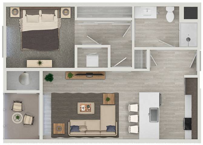Floor plan for 1 bed, 1 bath, 705 sqft