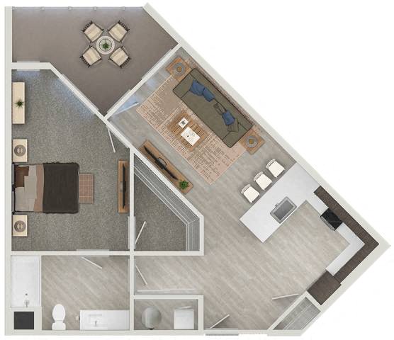 Floor plan for 1 bed, 1 bath, 793 sqft