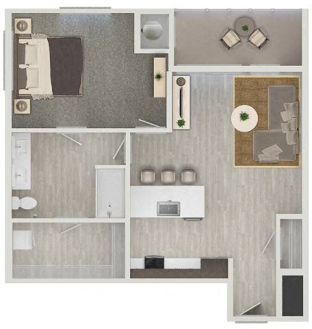 Floor plan for 1 bed, 1 bath, 851 sqft