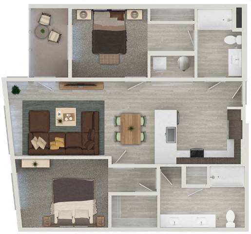 Floor plan for 2 beds, 2 baths, 1046 sqft