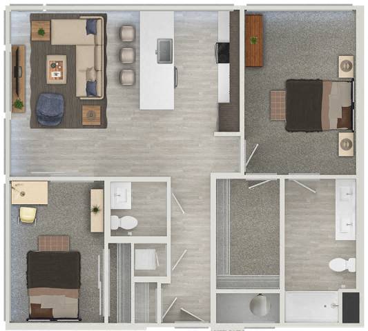 Floor plan for 2 beds, 1.5 baths, 1033 sqft