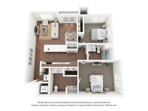 Floor plan for 2 beds, 2 baths, 1094 sqft