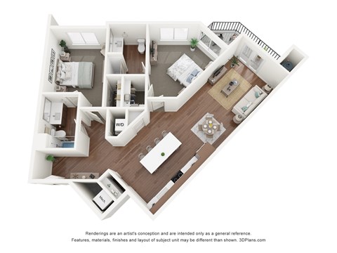 Floor plan for 2 beds, 2 baths, 1166 sqft