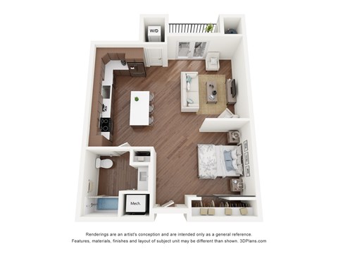 Floor plan for 1 bed, 1 bath, 694 sqft