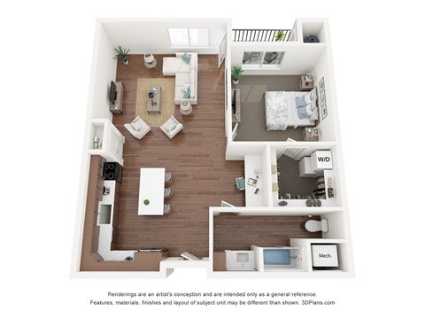 Floor plan for 1 bed, 1 bath, 905 sqft