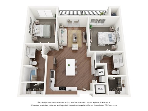 Floor plan for 2 beds, 2 baths, 995 sqft