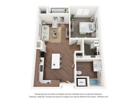 Floor plan for 1 bed, 1 bath, 727 sqft