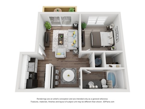Floor plan for 1 bed, 1 bath, 570 sqft