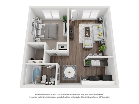 Floor plan for 1 bed, 1 bath, 680 sqft