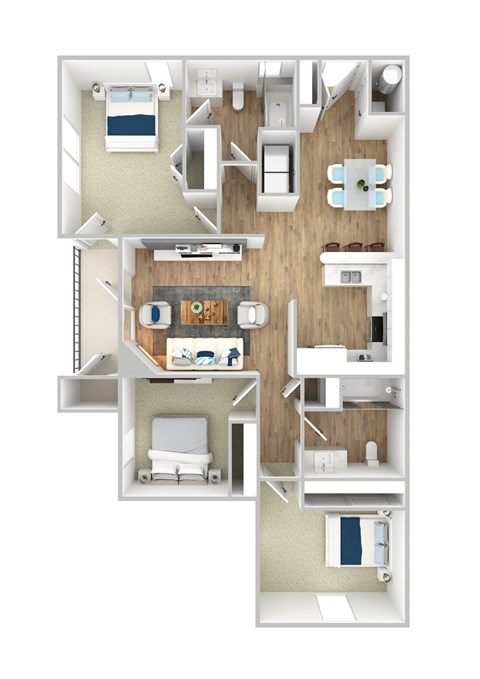 Floor plan for 3 beds, 2 baths, 1206 sqft