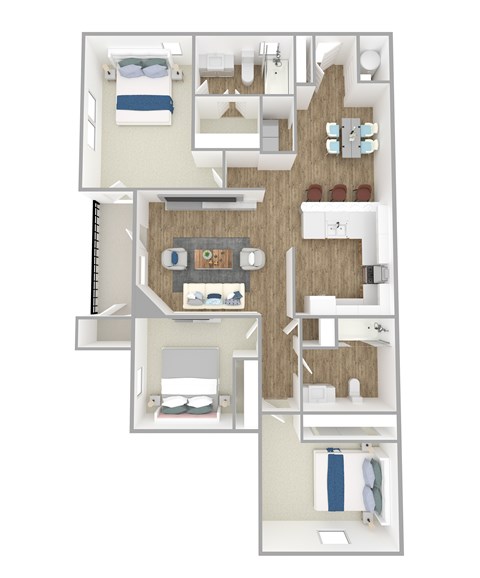 Floor plan for 3 beds, 2 baths, 1206 sqft