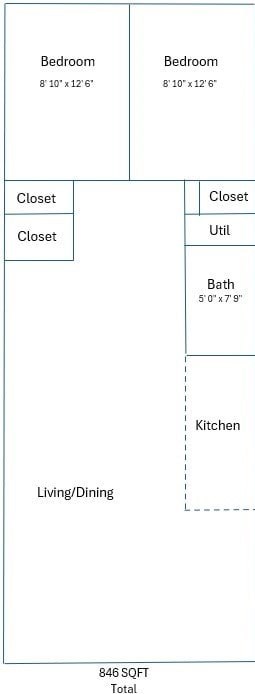 Floor plan for 2 beds, 1 bath, 846 sqft