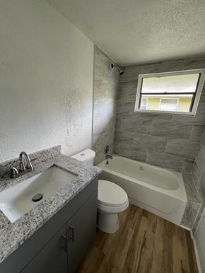 Palmetto apartment for rent - A bathroom with a sink, toilet, and bathtub.