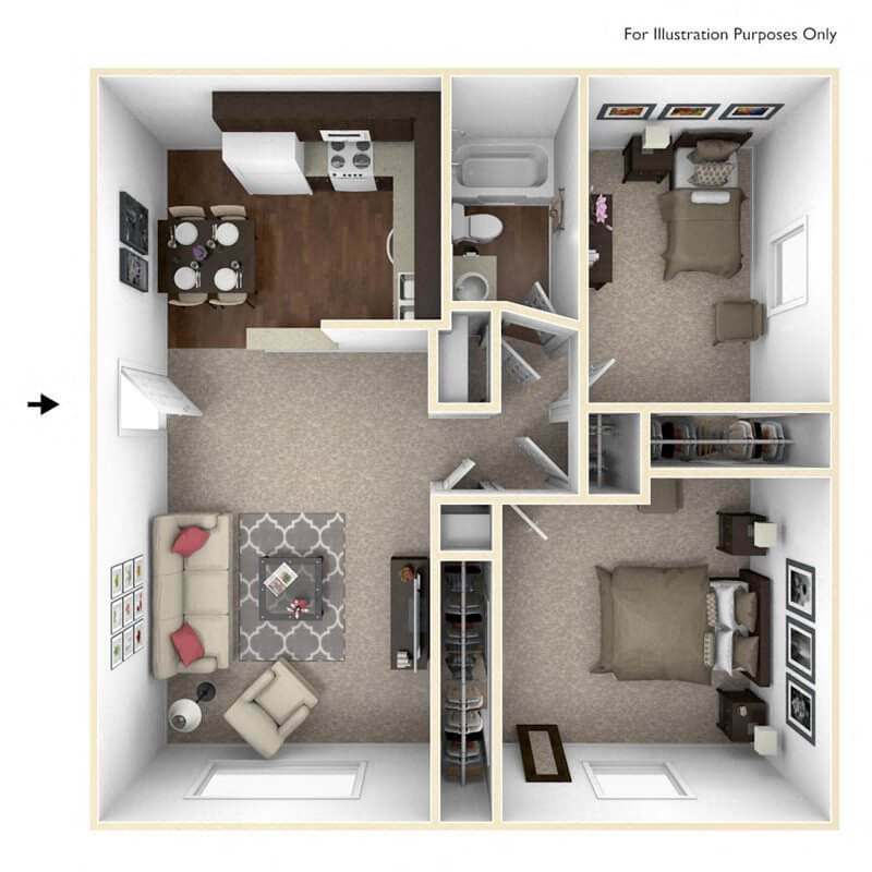 Floor plan for 2 beds, 1 bath, 780 sqft