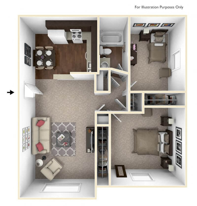 Floor plan for 2 beds, 1 bath, 806 sqft