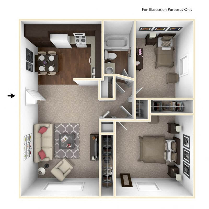 Floor plan for 2 beds, 1 bath, 780 sqft
