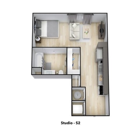 Floor plan for studio, 1 bath, 477 sqft