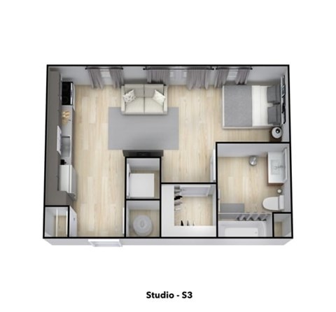 Floor plan for studio, 1 bath, 463 sqft
