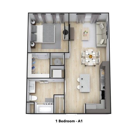 Floor plan for 1 bed, 1 bath, 644 sqft