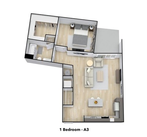 Floor plan for 1 bed, 1 bath, 799 sqft