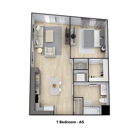 Floor plan for 1 bed, 1 bath, 678 sqft