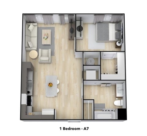 Floor plan for 1 bed, 1 bath, 652 sqft