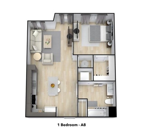 Floor plan for 1 bed, 1 bath, 658 sqft