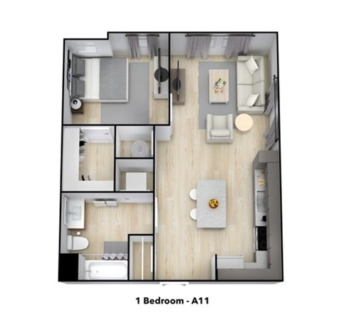 Floor plan for 1 bed, 1 bath, 642 sqft