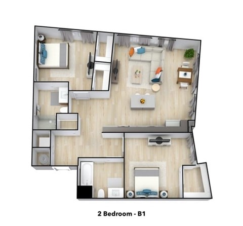 Floor plan for 2 beds, 2 baths, 1050 sqft