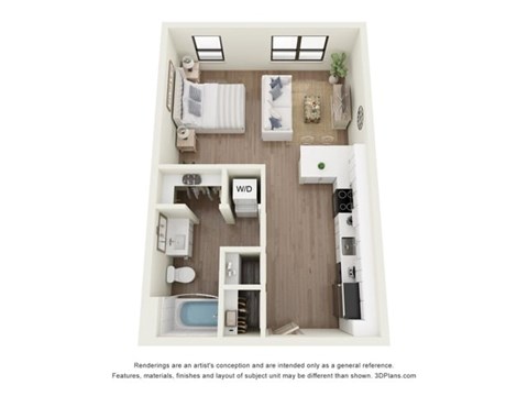 Floor plan for studio, 1 bath, 600 sqft