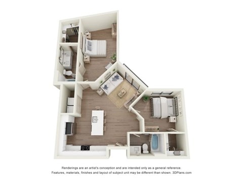 Floor plan for 2 beds, 2 baths, 953 sqft