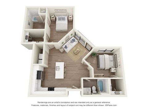 Floor plan for 2 beds, 2 baths, 953 sqft
