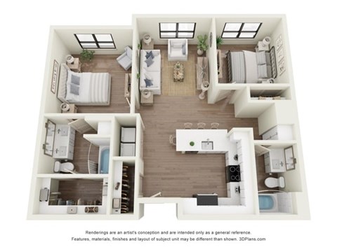 Floor plan for 2 beds, 2 baths, 1045 sqft