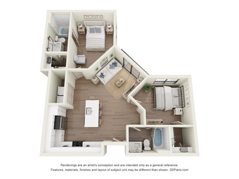Floor plan for 2 beds, 2 baths, 953 sqft