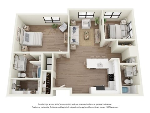 Floor plan for 2 beds, 2 baths, 1045 sqft
