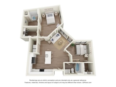 Floor plan for 2 beds, 2 baths, 953 sqft