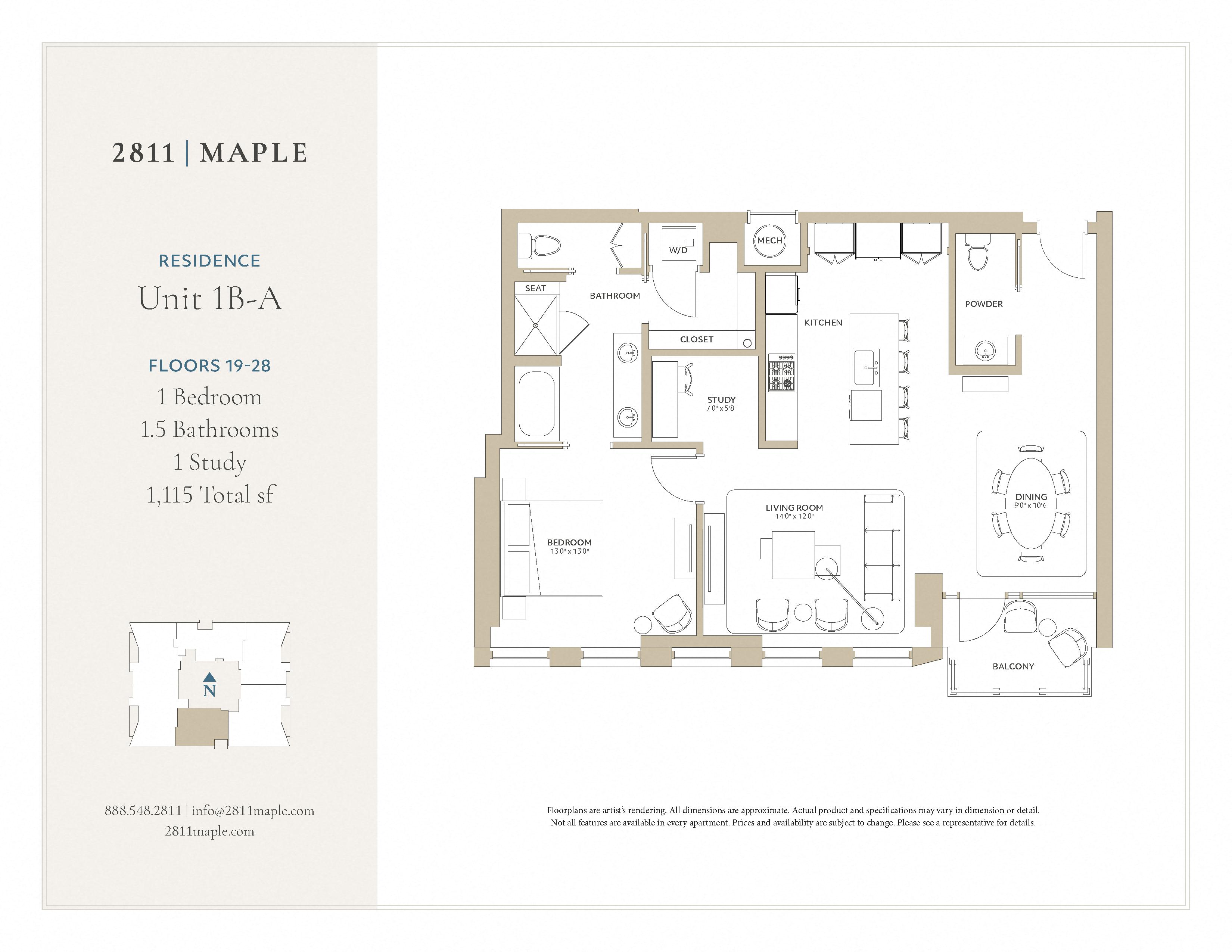 Floor plan for 1 bed, 1.5 baths, 1115 sqft